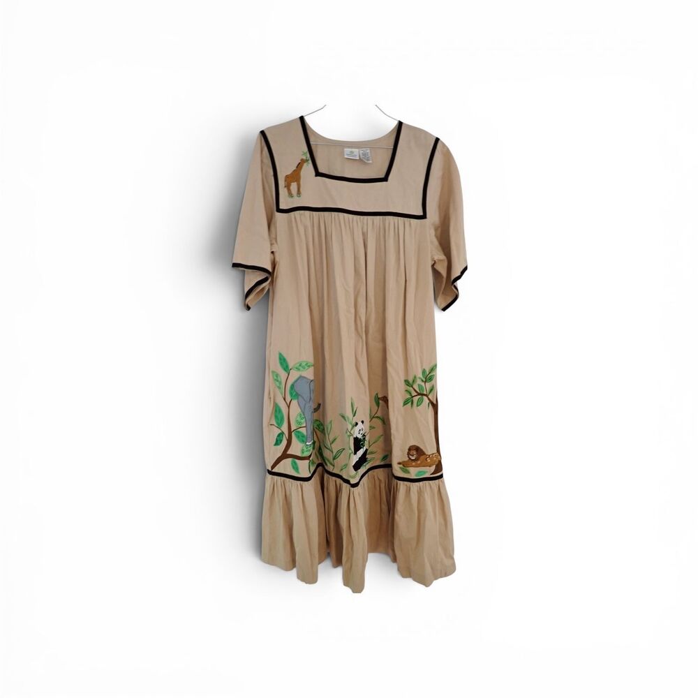 VTG Smithsonian Patio Porch Boho Dress L Embroidered Safari Animal Cotton Beige